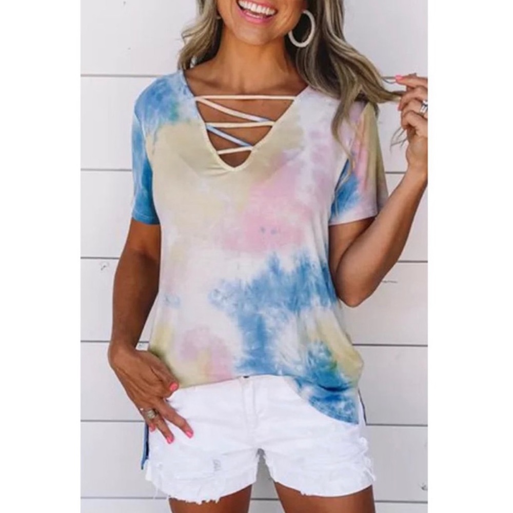 Criss cross Tie Dye Tee Strappy Top Cage Knit Top